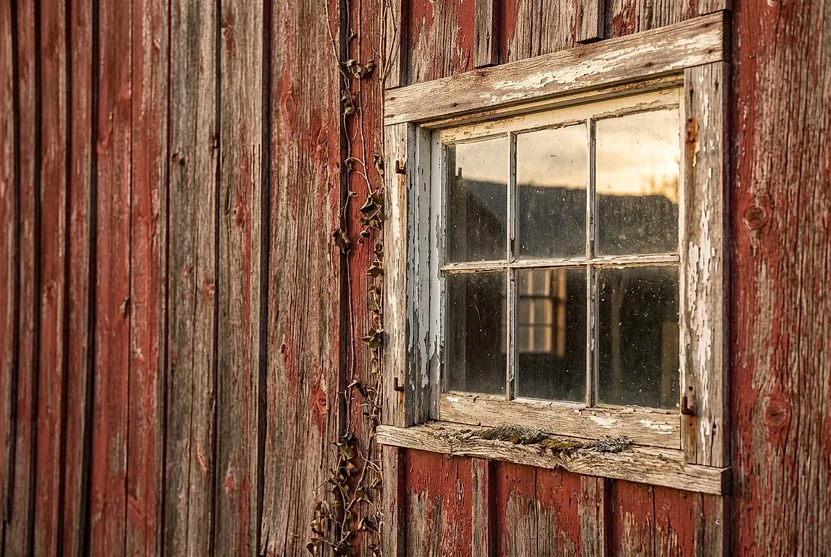 Weathered red barn board and a small multi-paned window on an old Vermont farmhouse