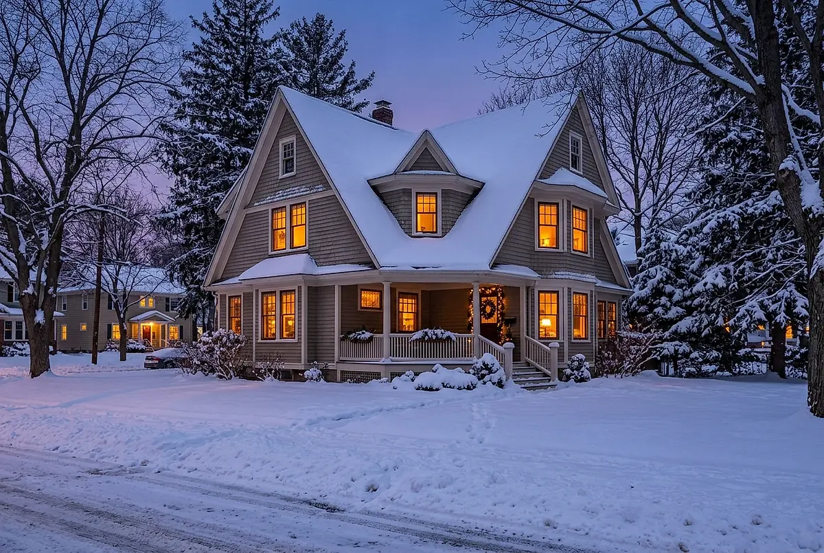 A snow-covered house at dusk with warm light in the windows and snow on the porch rail