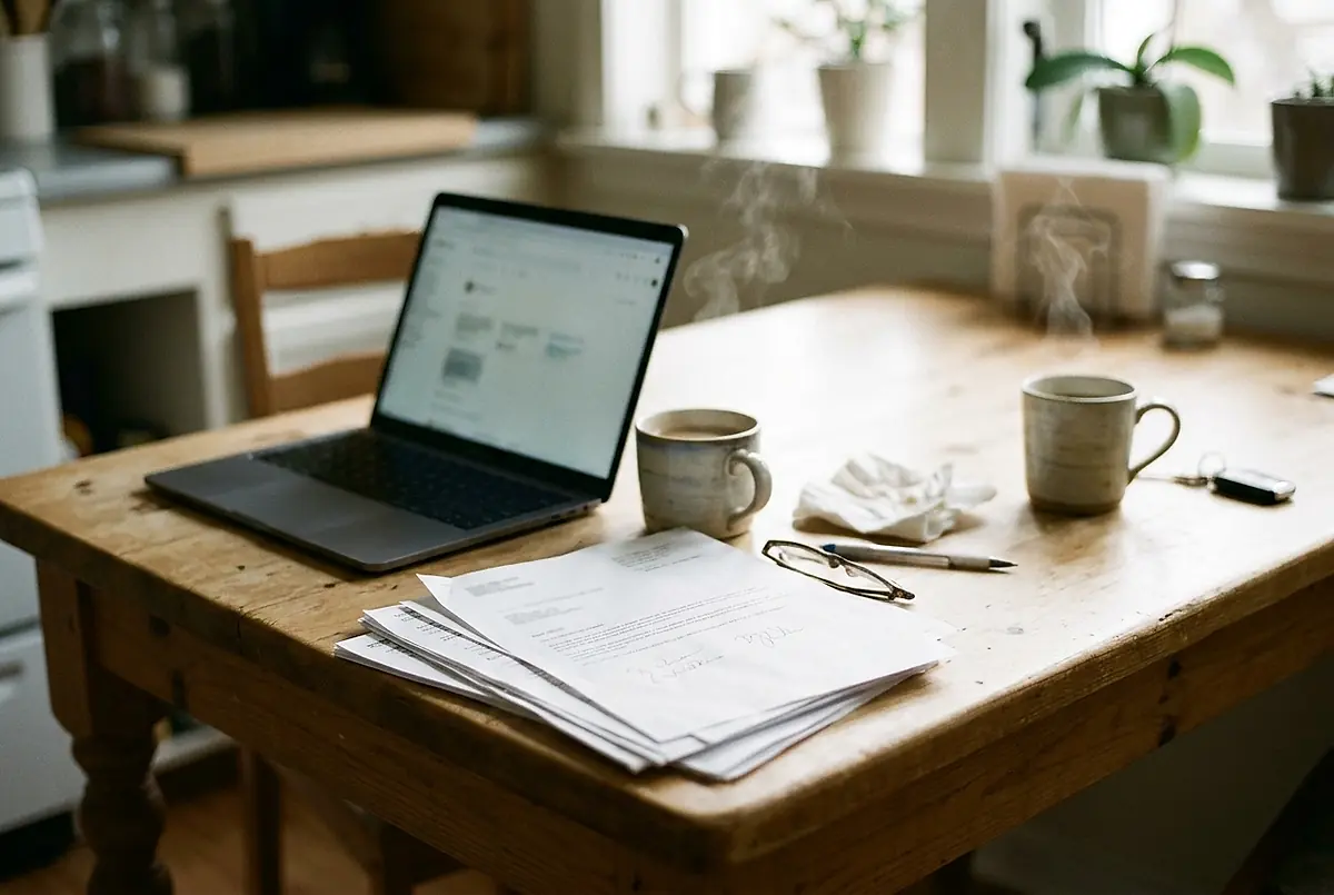 A kitchen table with a laptop, a stack of paperwork and two mugs of coffee