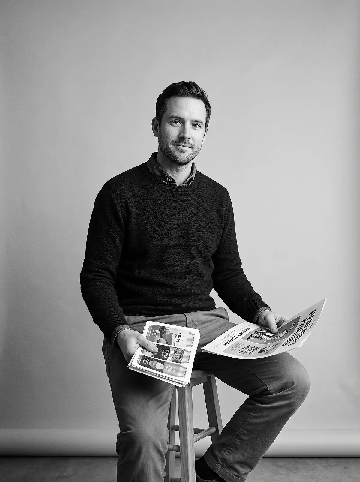 Theo Marchetti sitting on a stool in the studio with printed work in his hands