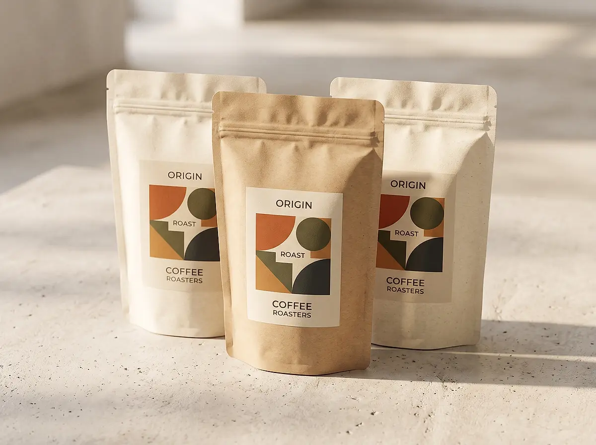 Three kraft and cream coffee bags with geometric labels on a pale concrete surface