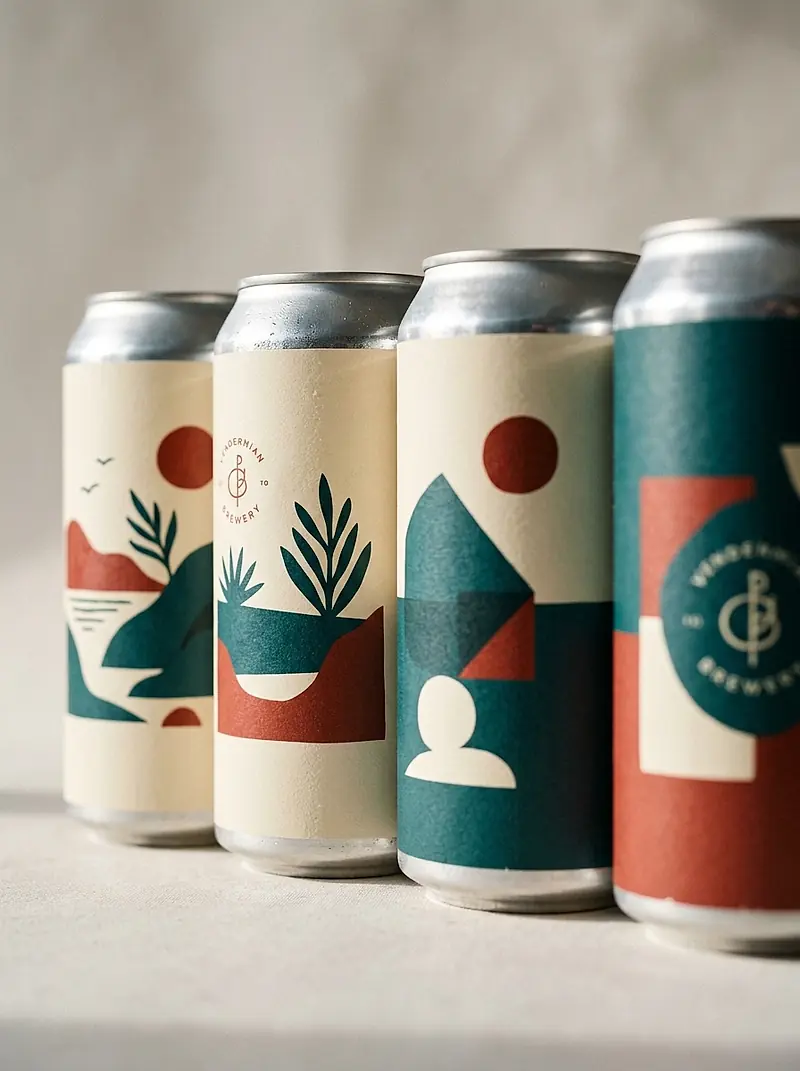 Four brewery cans with illustrated labels lined up on a light background