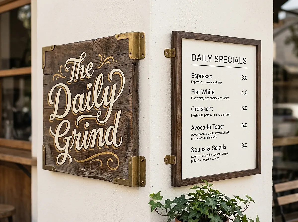 A printed menu board and hand-painted sign on a cafe wall