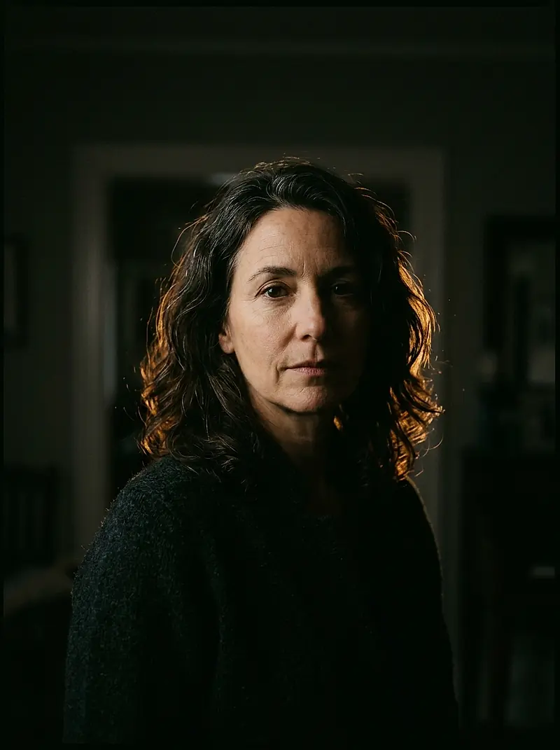 Marta Reyes, half lit against a dark background