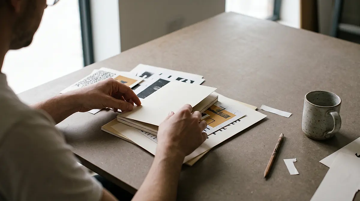Hands arranging printed book covers and loose type specimens on a studio table