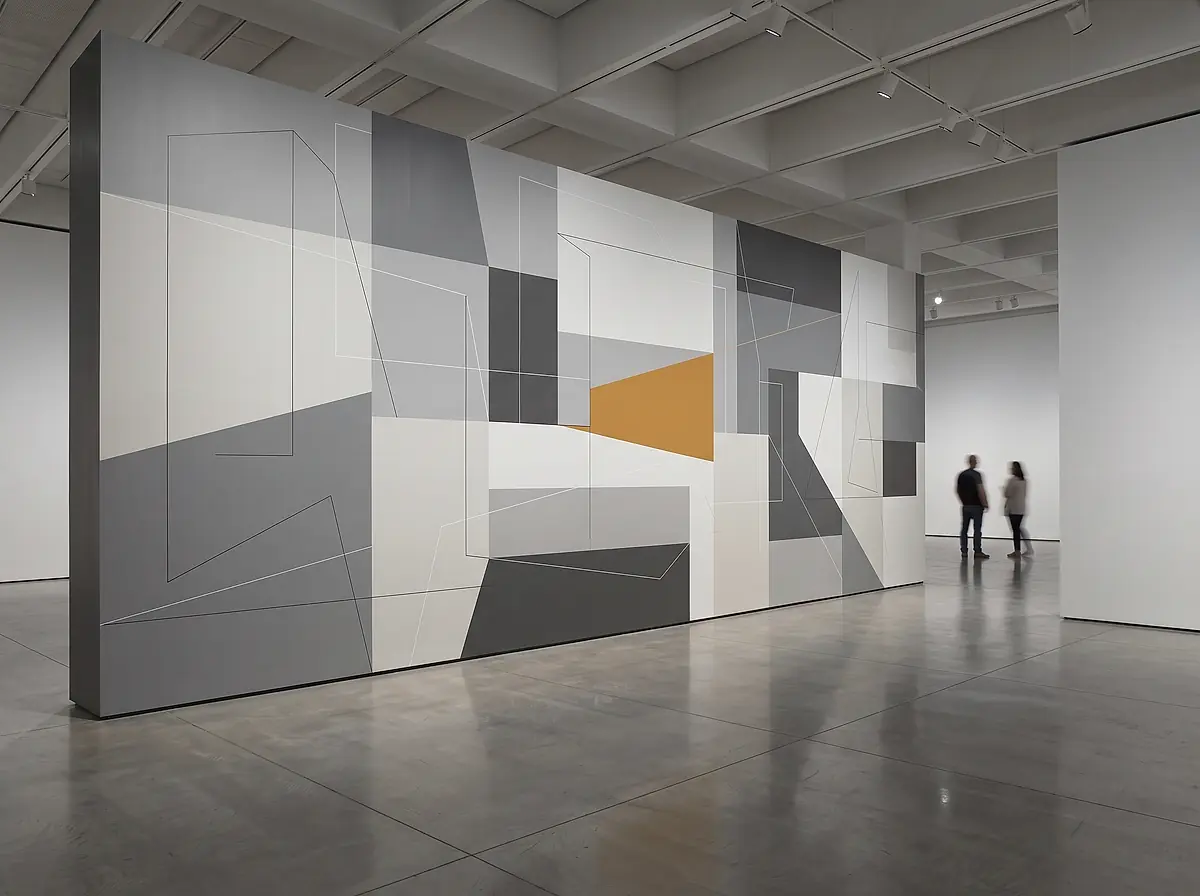 A gallery installation with a large graphic wall panel