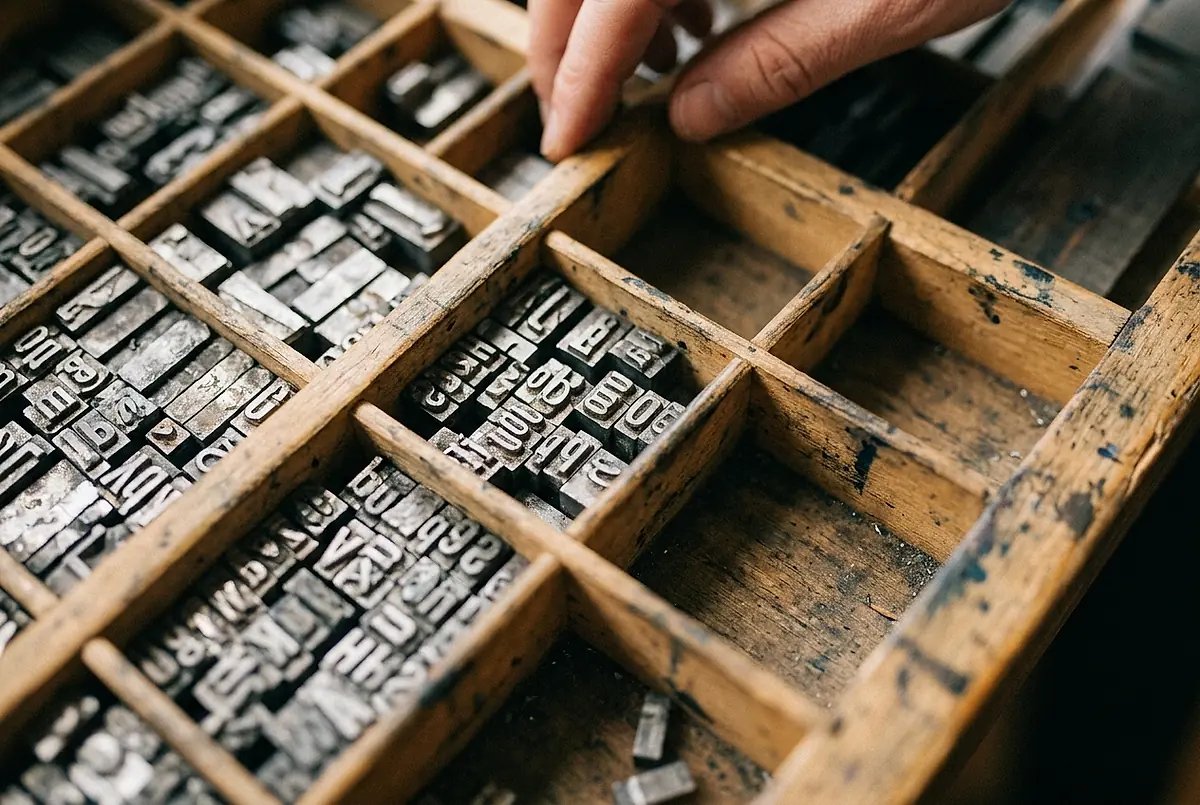 Metal letterpress type sorts in a wooden drawer