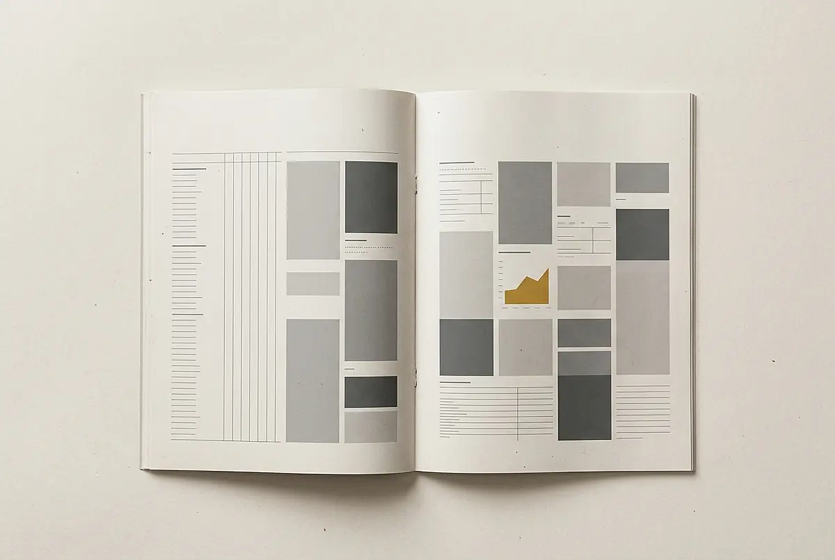 An open annual report spread showing a grid of charts and columns