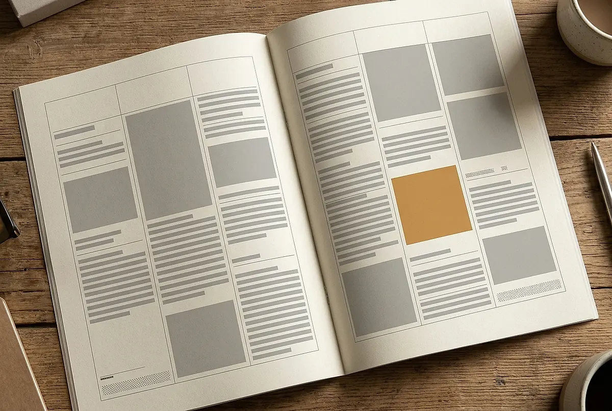 An open magazine spread with a typographic grid of columns