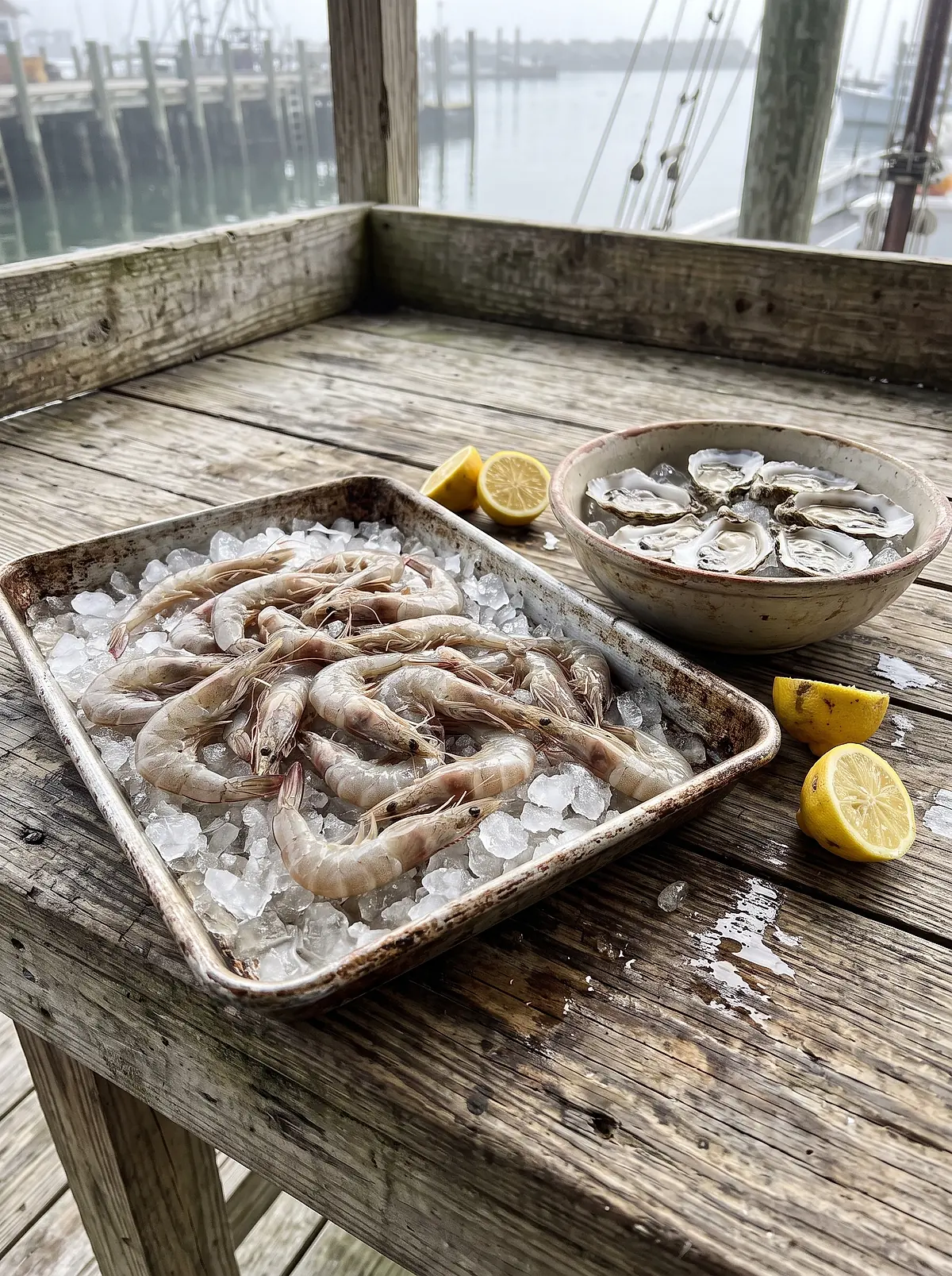 A tray of fresh shrimp on ice beside a bowl of shucked oysters on a dock table