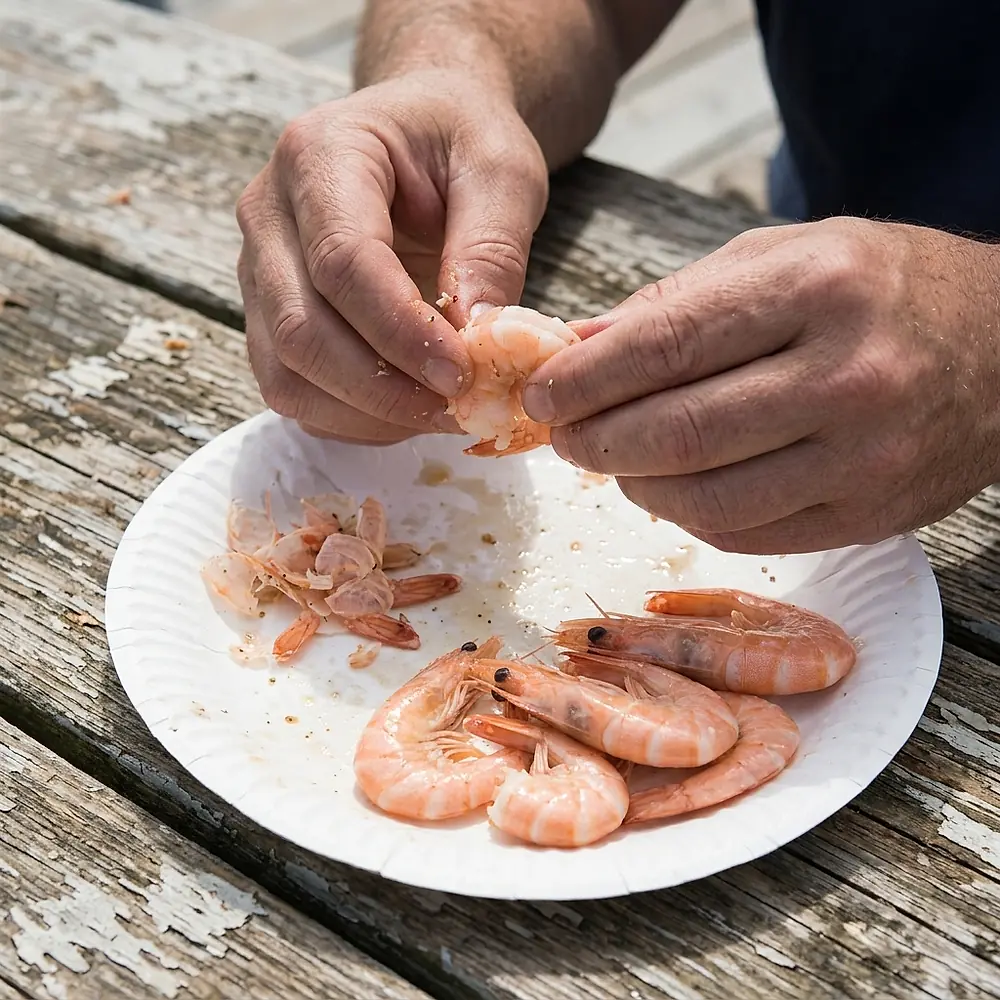 Hands peeling steamed shrimp over a paper plate at a picnic table