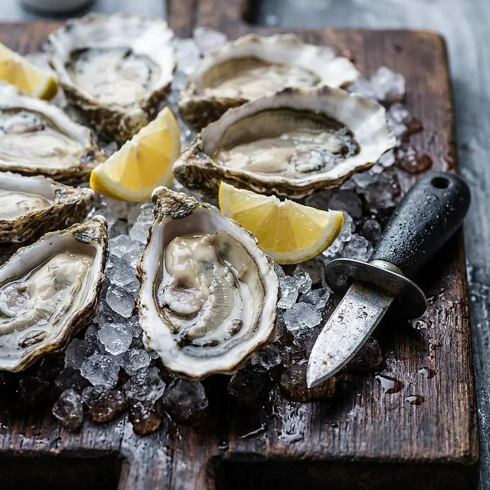 Core Sound oysters opened on a bed of crushed ice with a shucking knife