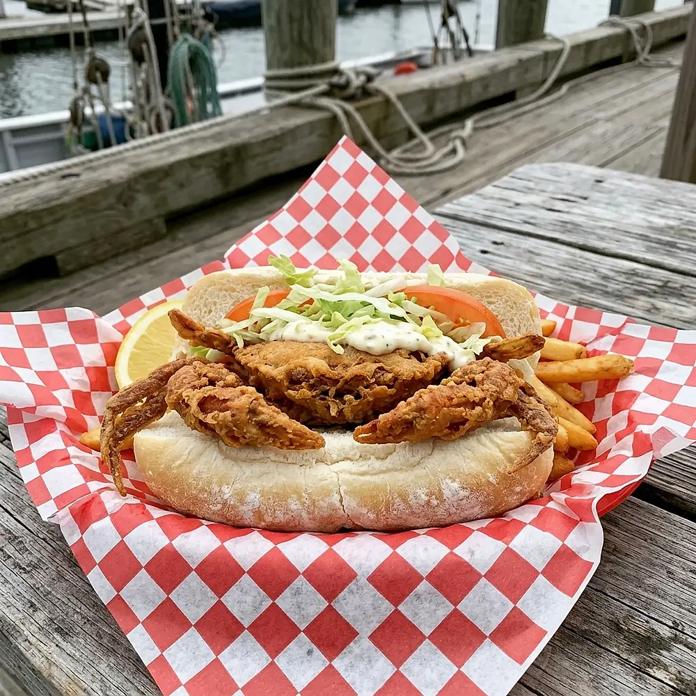 A fried soft-shell crab sandwich in a paper-lined basket