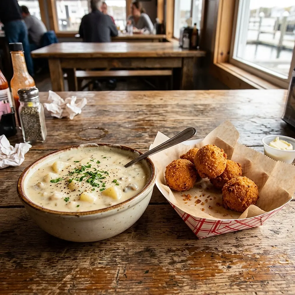 A bowl of clam chowder beside a basket of hushpuppies
