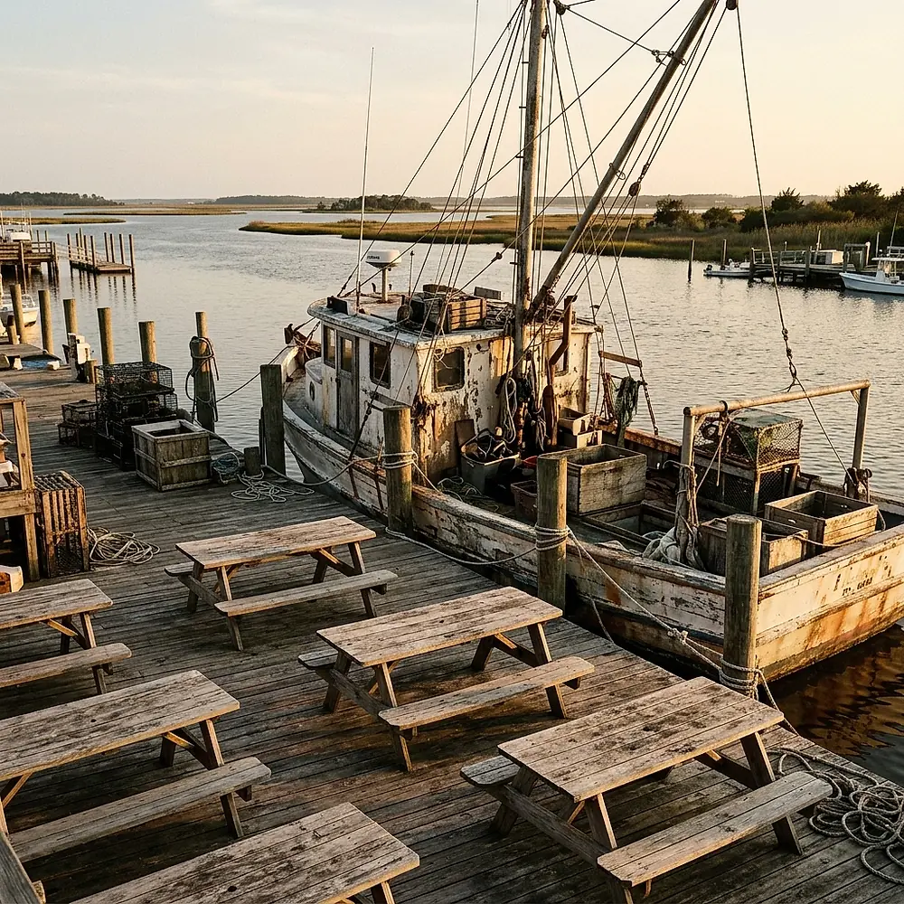 Picnic tables on the dock beside a moored fishing boat in late afternoon light