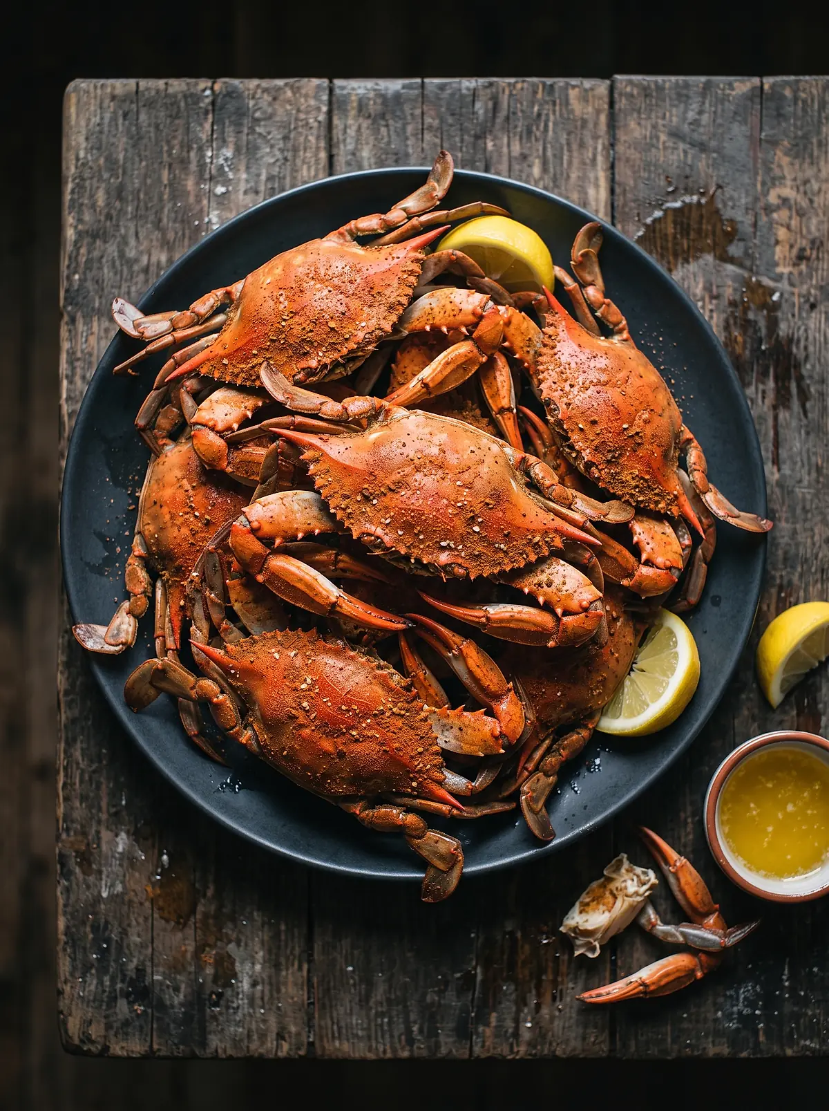 A plate of steamed crabs in their shells with lemon wedges on a dark table
