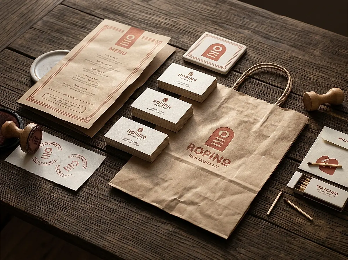Menu, business cards, a paper bag and a stamped logo laid out on a dark table for a restaurant identity.
