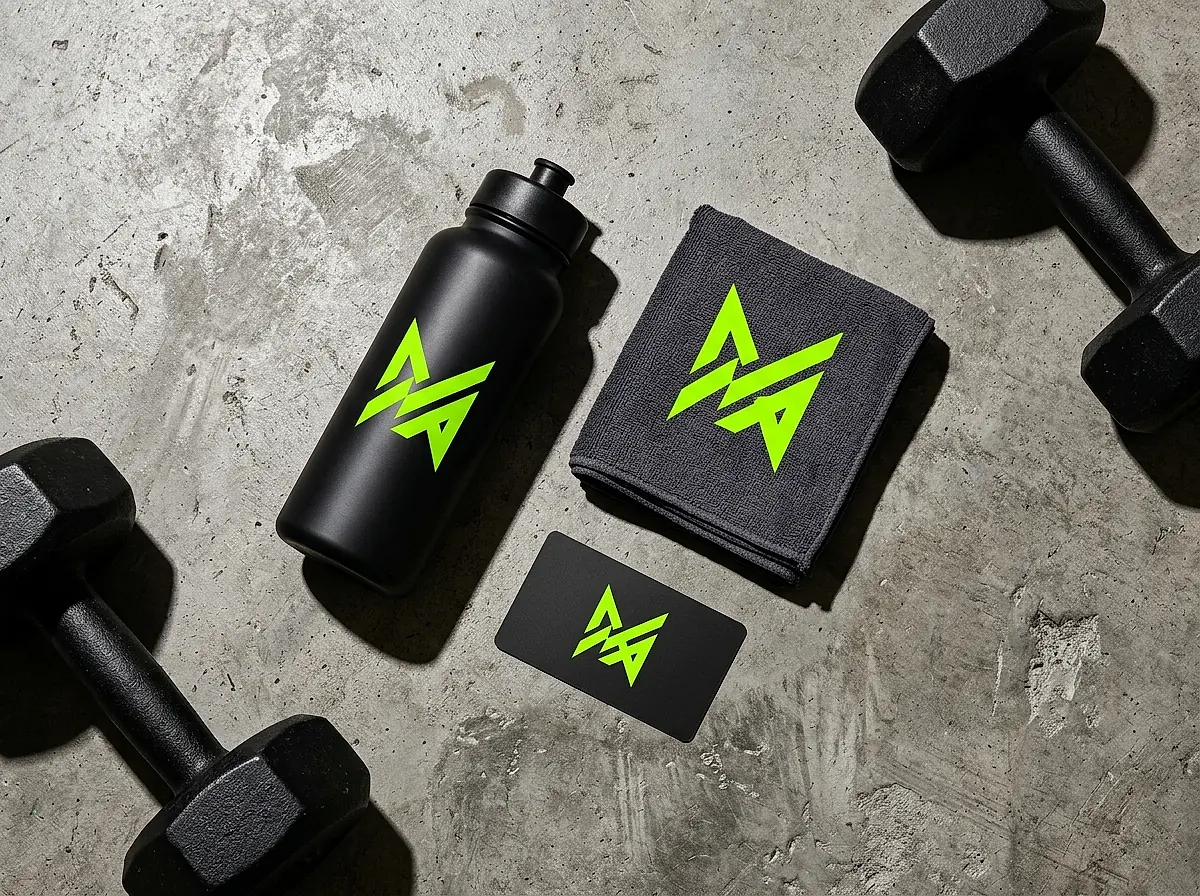 Bottle, towel, membership card and dumbbells carrying a gym's logo on a concrete floor.