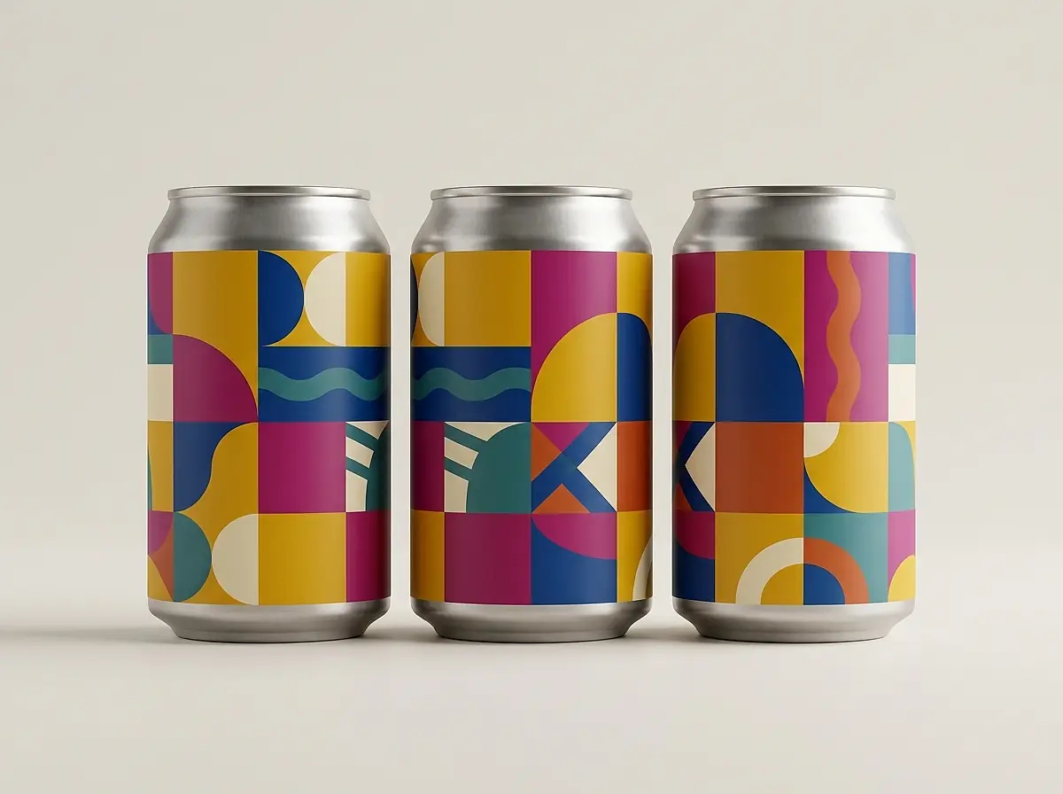 Three craft beer cans in bold geometric label designs on a pale background.
