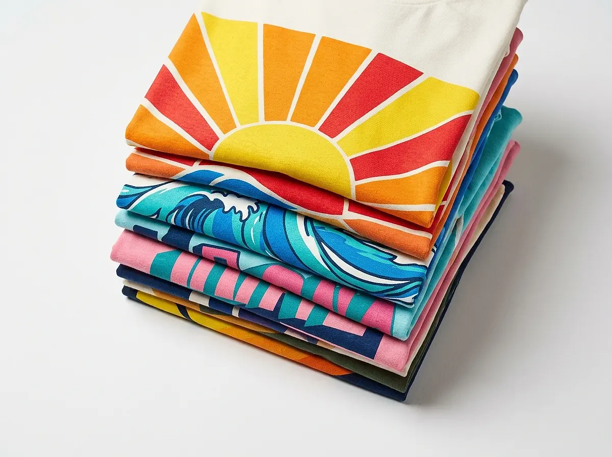 A stack of folded T-shirts printed with bold graphic designs.