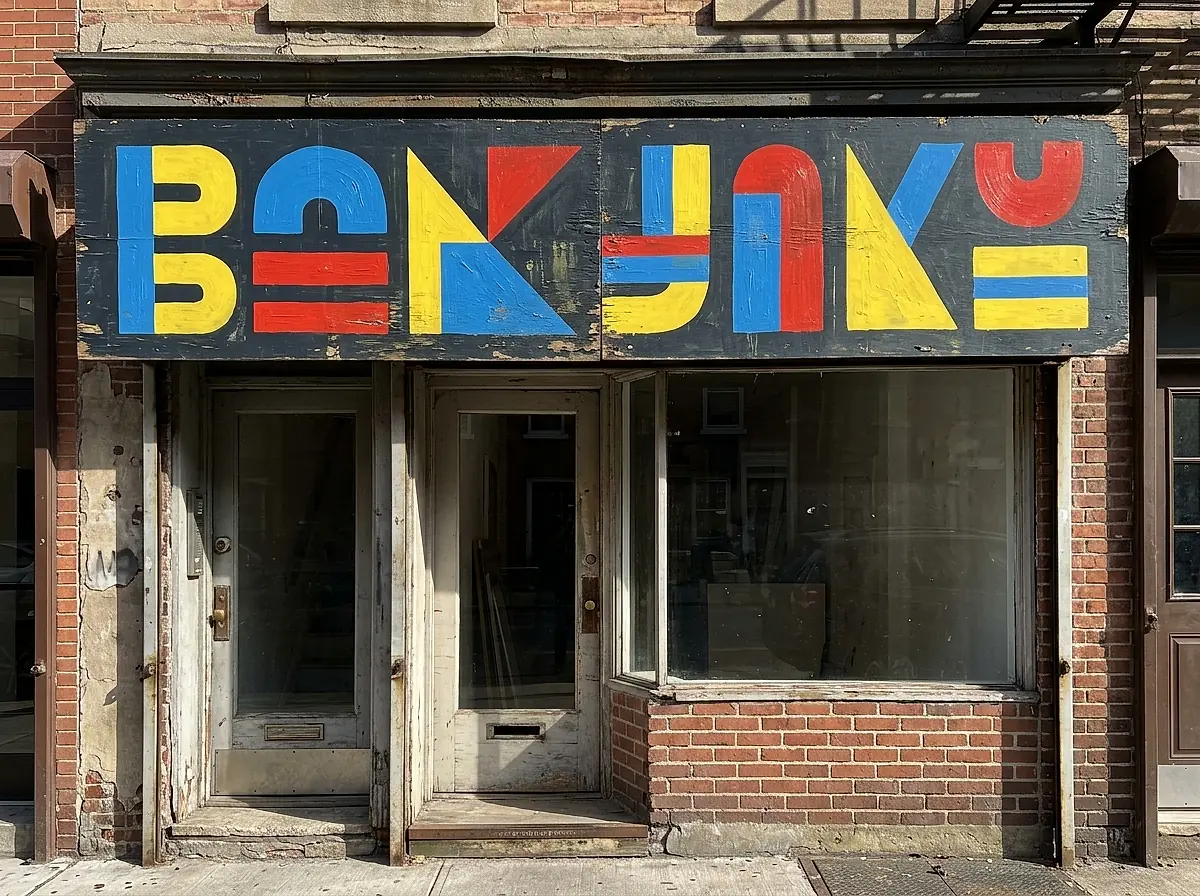 A hand painted shopfront sign in bright colours above a storefront doorway.
