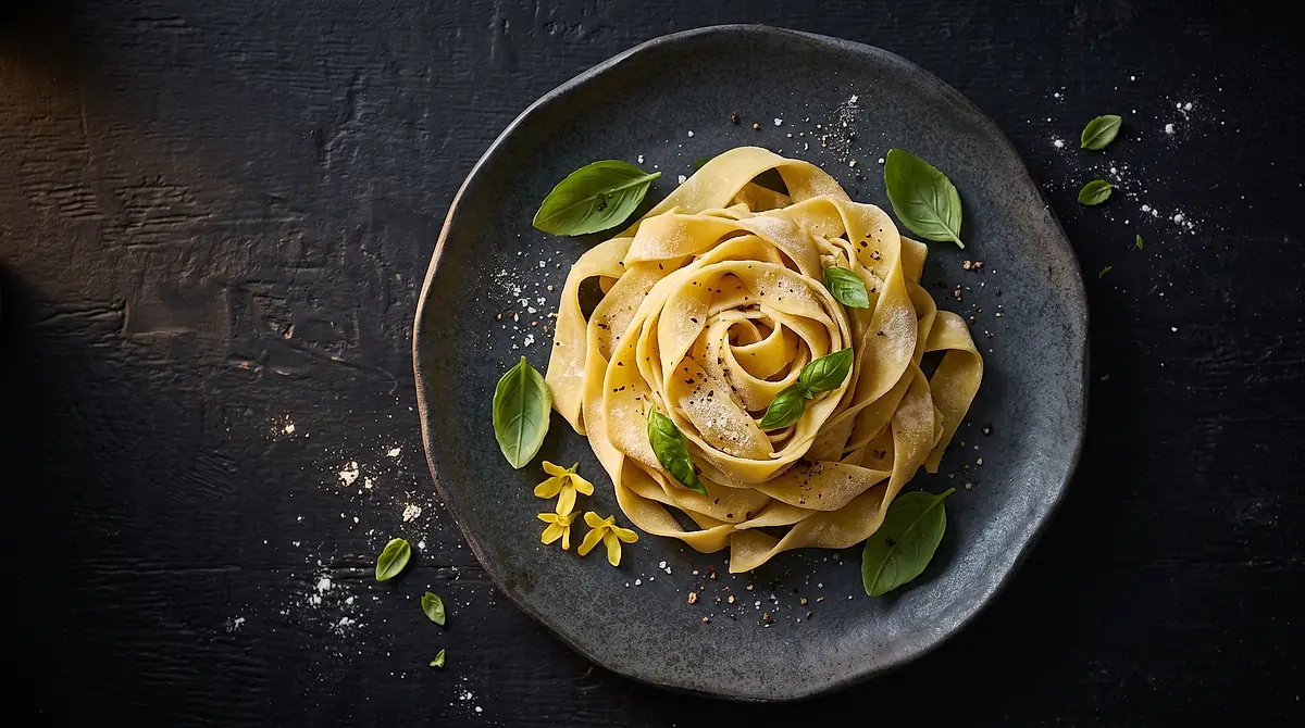 Hand-rolled pappardelle with basil and yellow flowers on a dark plate