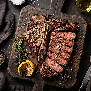 A grilled T-bone steak sliced on a board with lemon