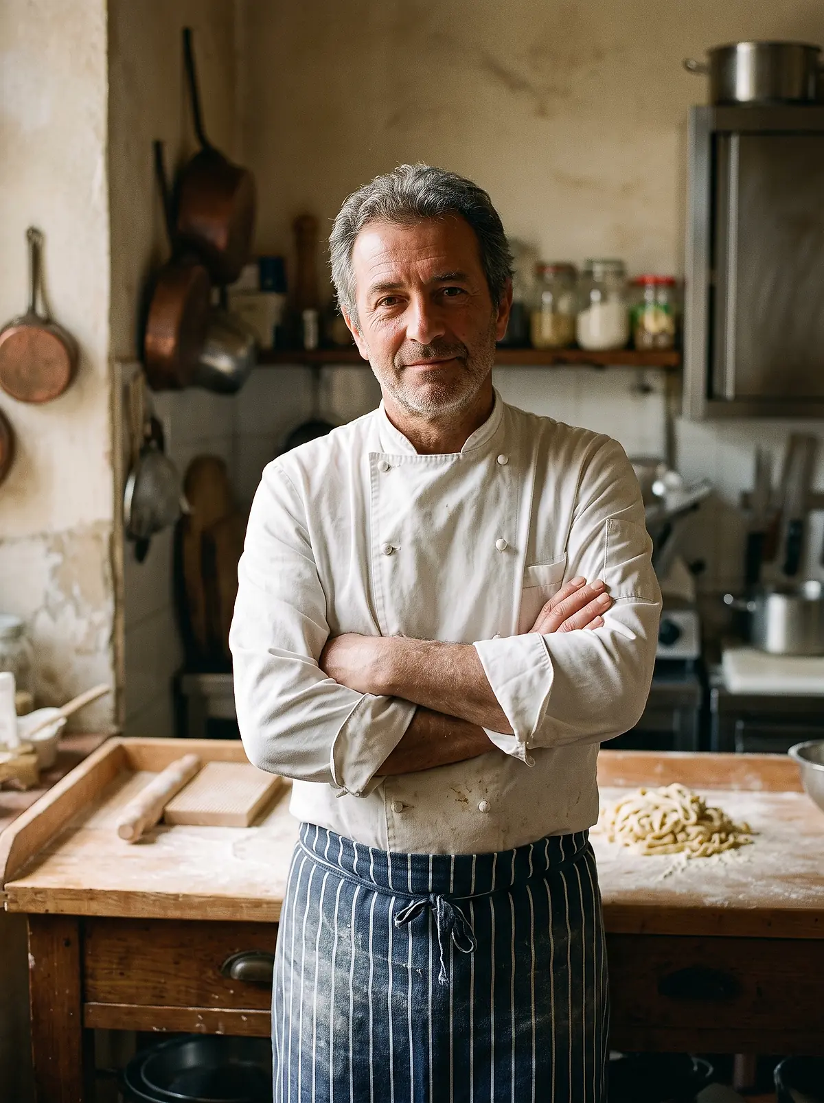 Chef Paolo Bellandi with his arms folded in the trattoria kitchen