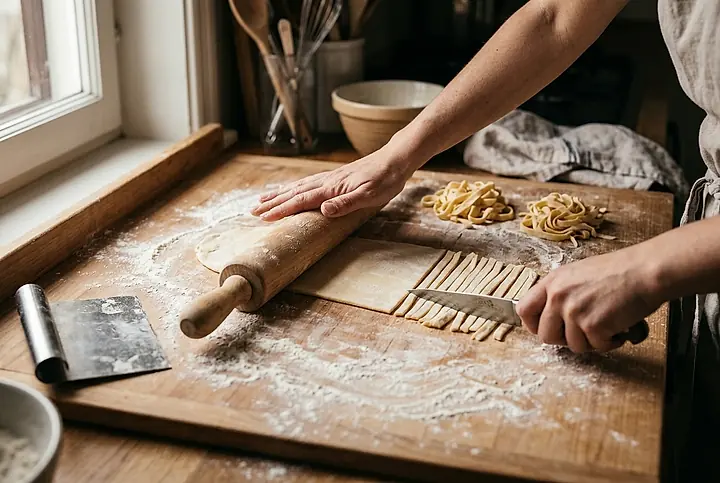 Hands rolling and cutting fresh pasta dough on a floured board