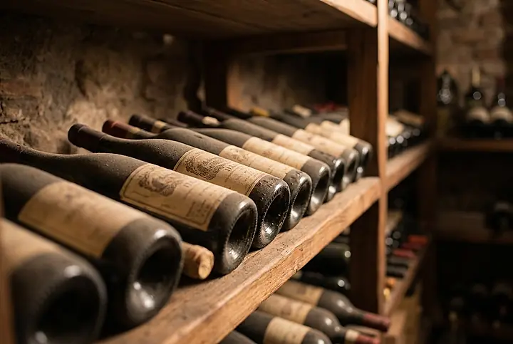 Rows of Italian wine bottles on a cellar shelf