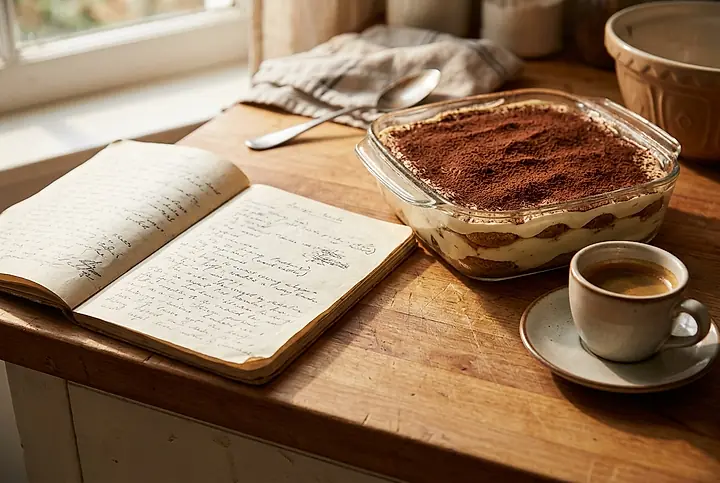 An open recipe notebook beside a dish of tiramisu