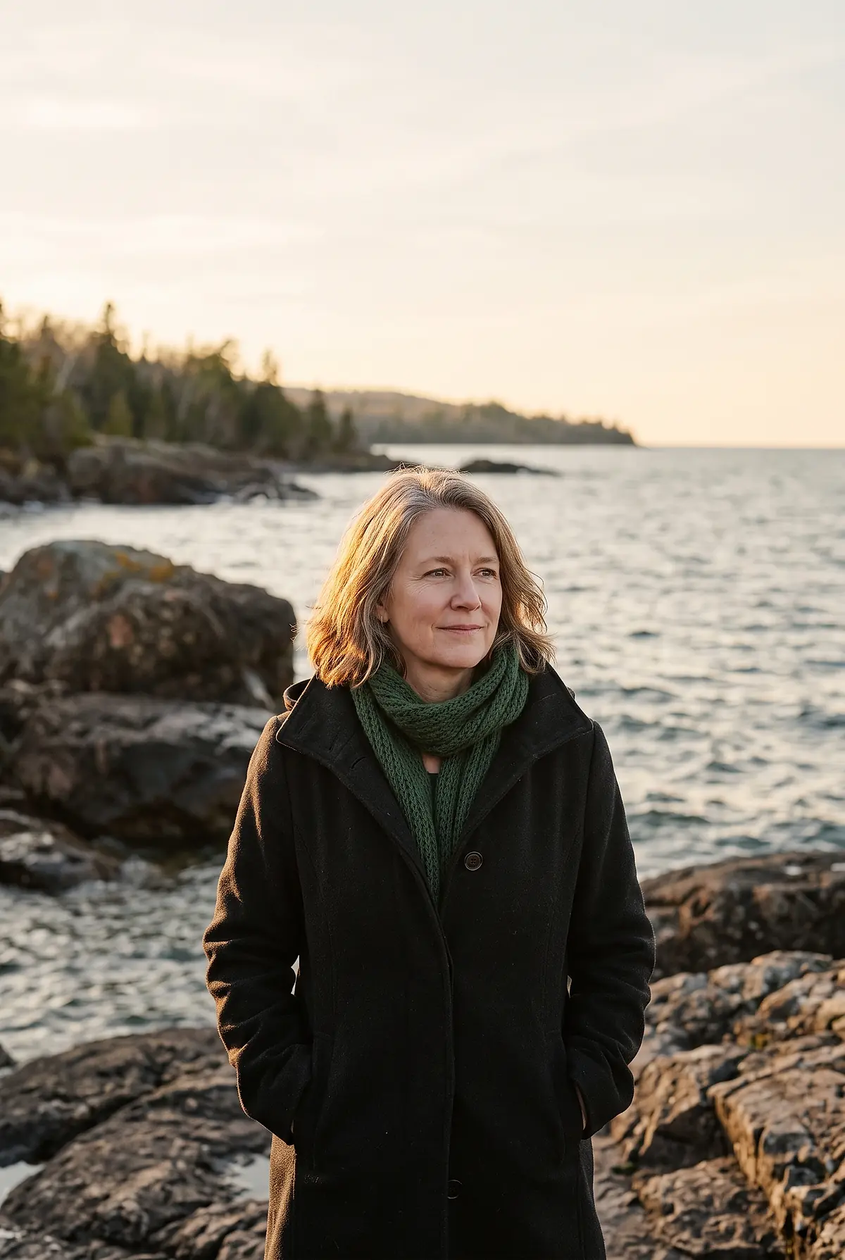 Lena Moorcroft standing on the Lake Superior shore in a dark coat and green scarf