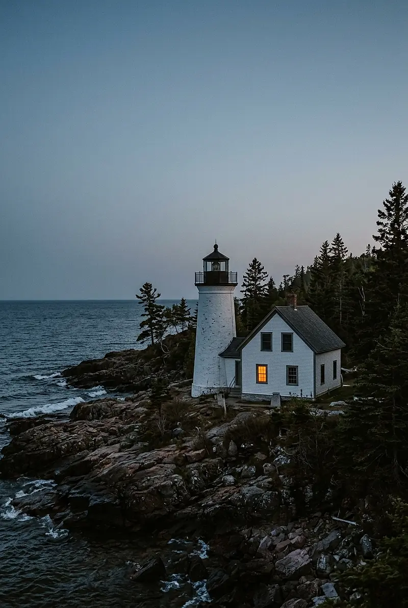 A lighthouse and keeper's cottage on a rocky shore at dusk, one window lit