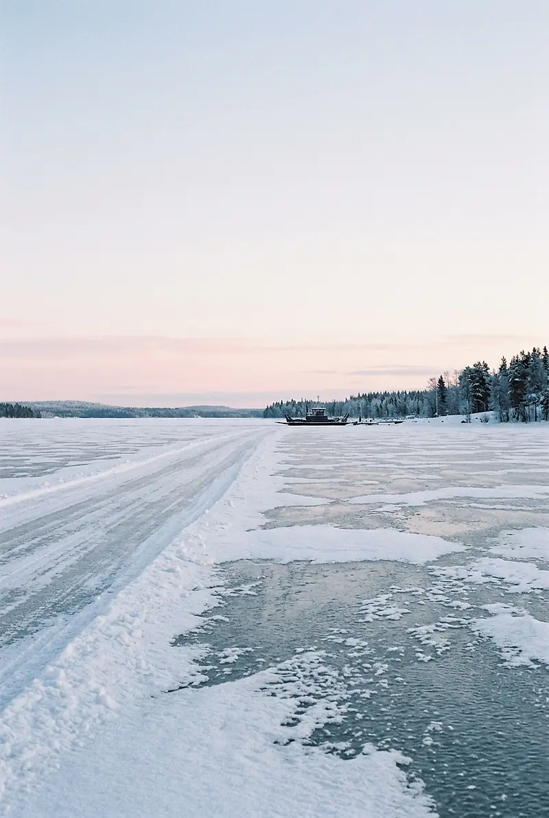 A frozen lake at first light with a snow-covered ice road running to the horizon