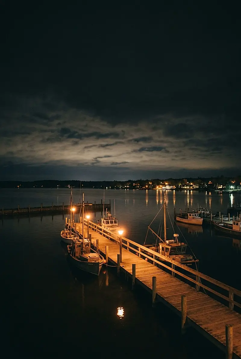 A small harbour at night with lamps along the wooden pier and boats moored