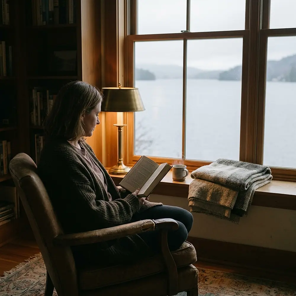 A woman reading a novel in a lamplit room beside a window that looks out on the lake