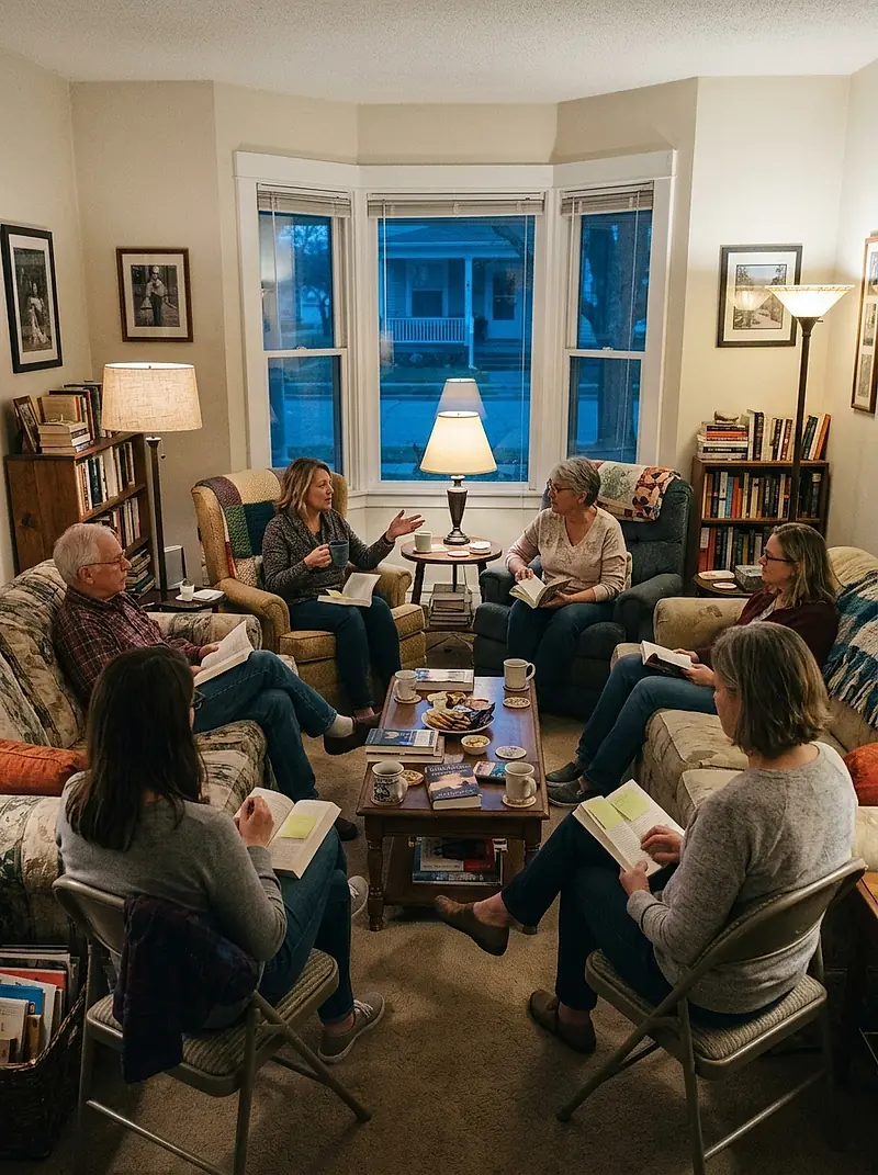 A book club sitting in a loose circle of chairs in a living room at dusk