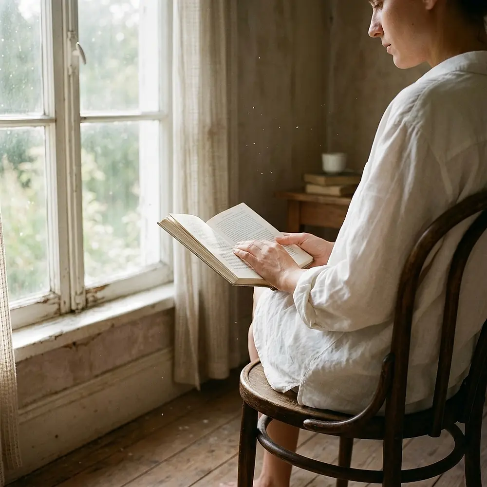 Someone reading in a bentwood chair by a tall window, light coming in across the page