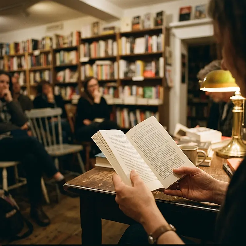 Hands holding a paperback open at a reading in a bookshop