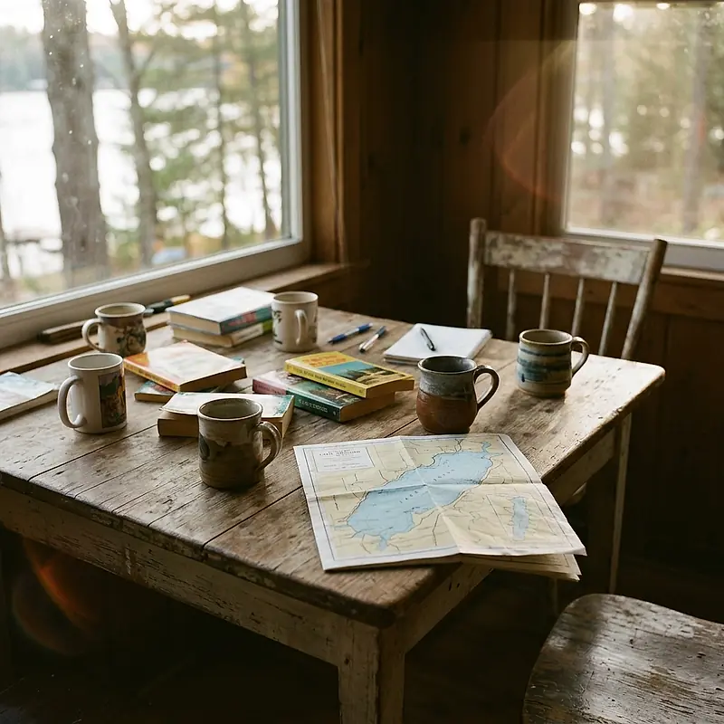 Mugs, paperbacks and a folded map of the shore on a table by a window