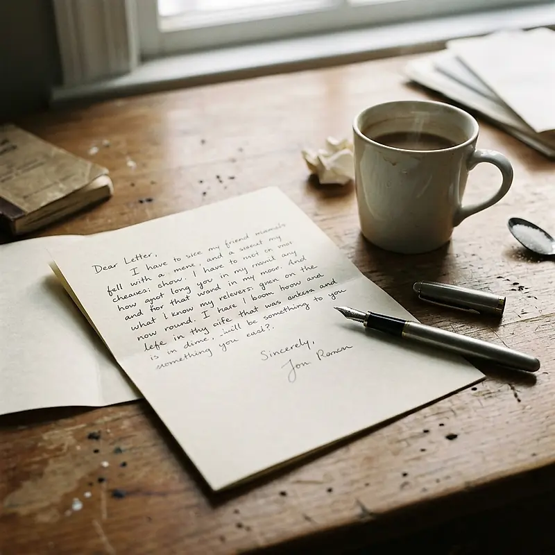 A handwritten letter on cream paper beside a fountain pen and a cup of coffee