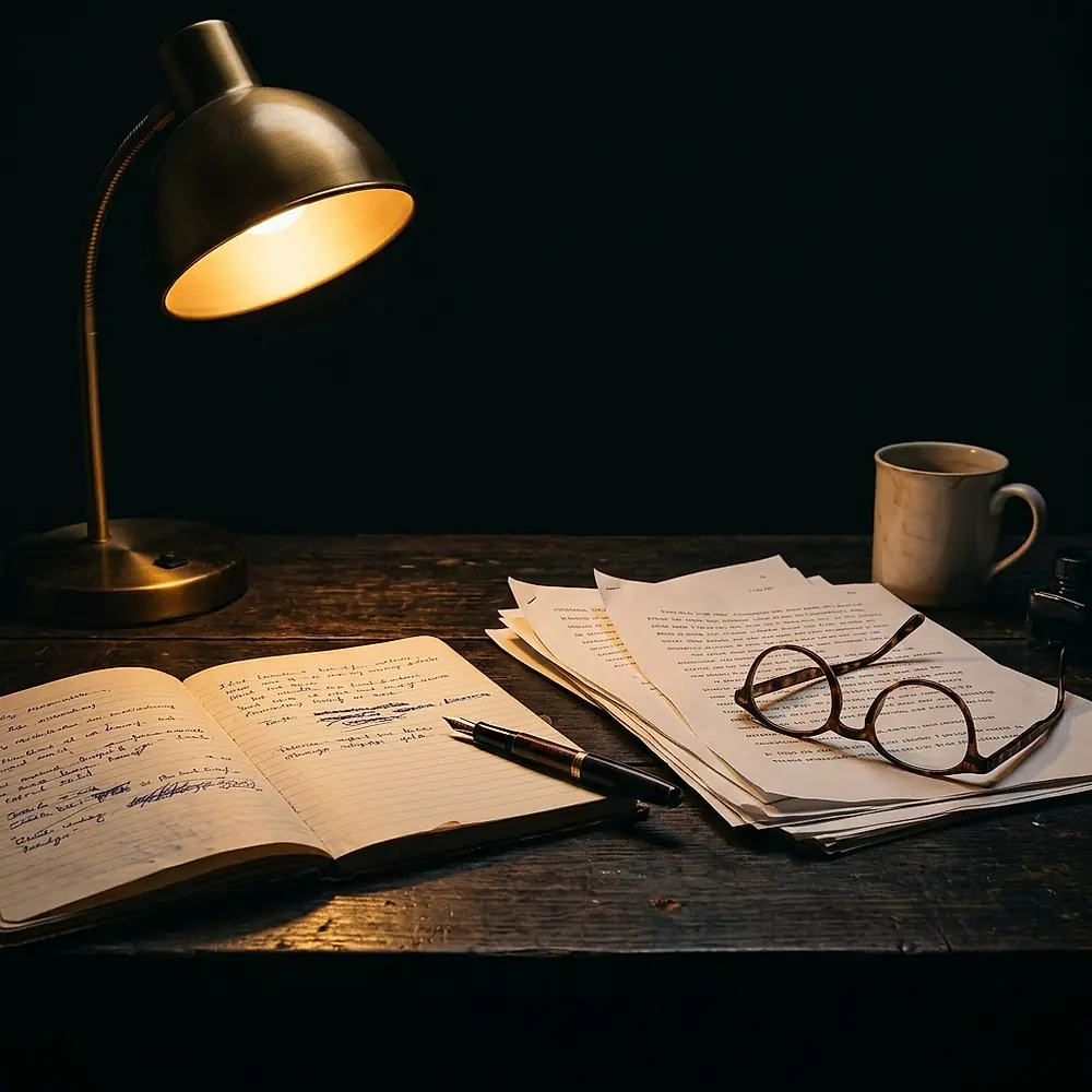 A desk at night lit by one lamp, with an open notebook, a pen and a stack of pages