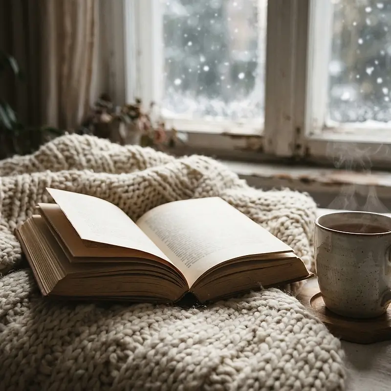 An open hardback resting on a knitted wool blanket beside a snowy window