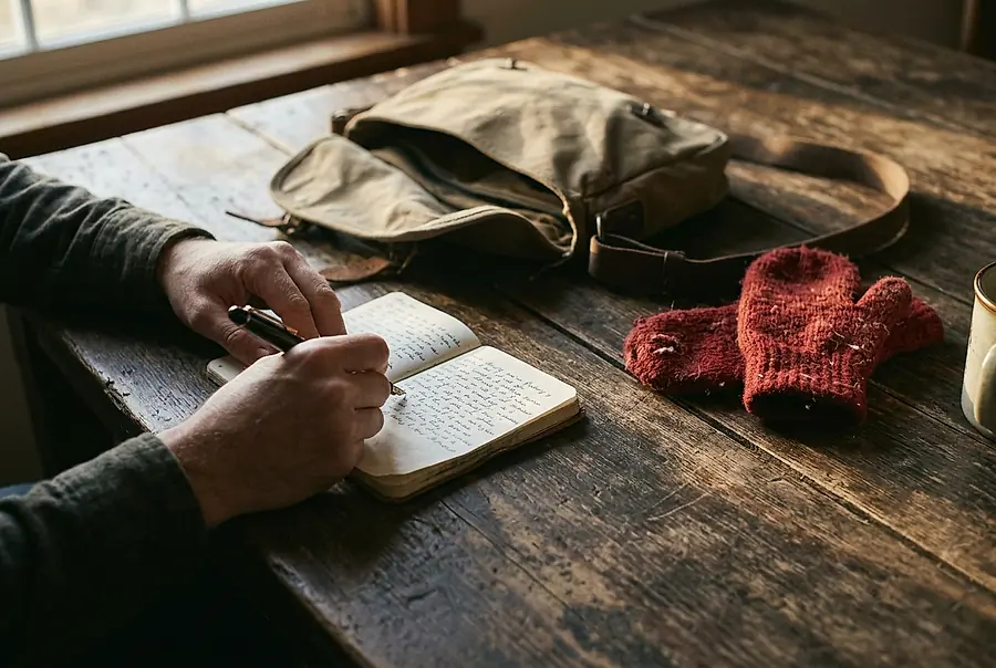 Hands writing in a small notebook on a wooden table, knitted mittens set down beside it