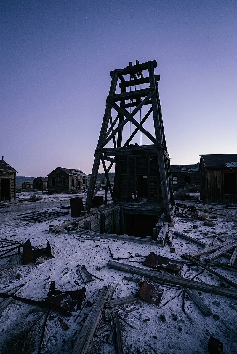 Cover art for The Salt Ledger: a mine headframe in a salt-white ghost town