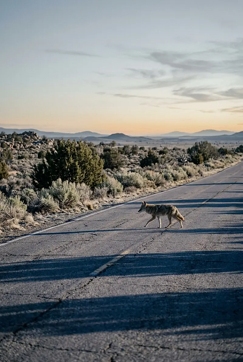 Cover art for Coyote Hour: a coyote crossing a desert highway at first light