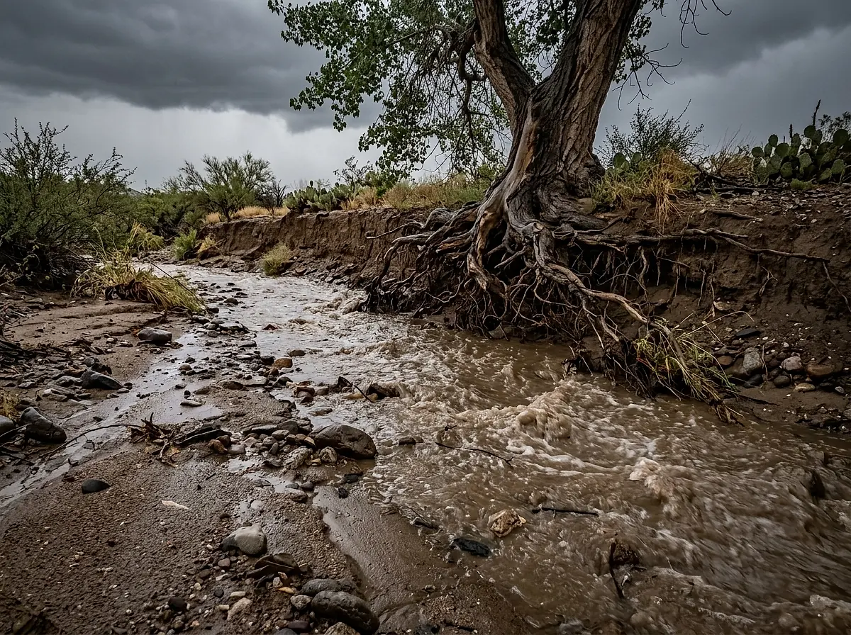 Runoff moving through a dry arroyo after the first monsoon rain