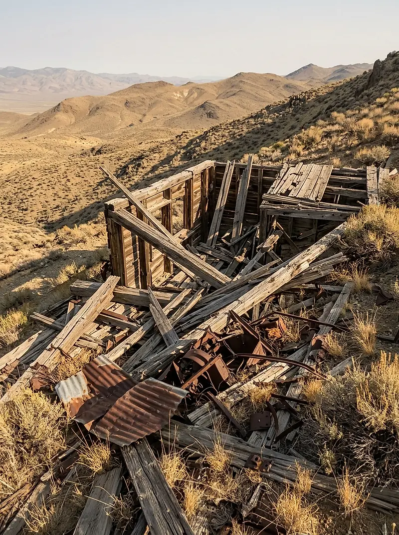 Splintered timber from an old mine building on a desert hillside