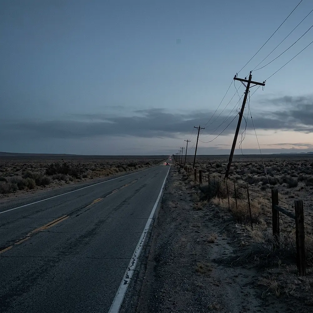 A two-lane highway running to the horizon at dusk