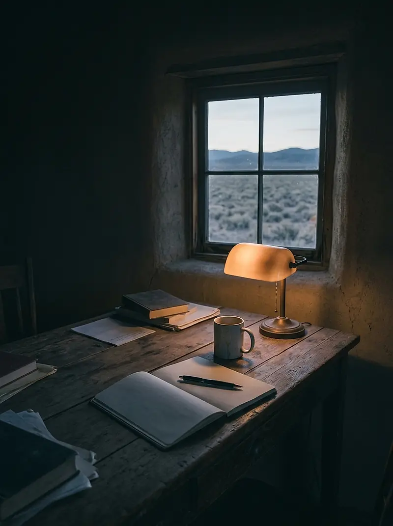 A notebook, a pen and a lamp on a desk in a dim room
